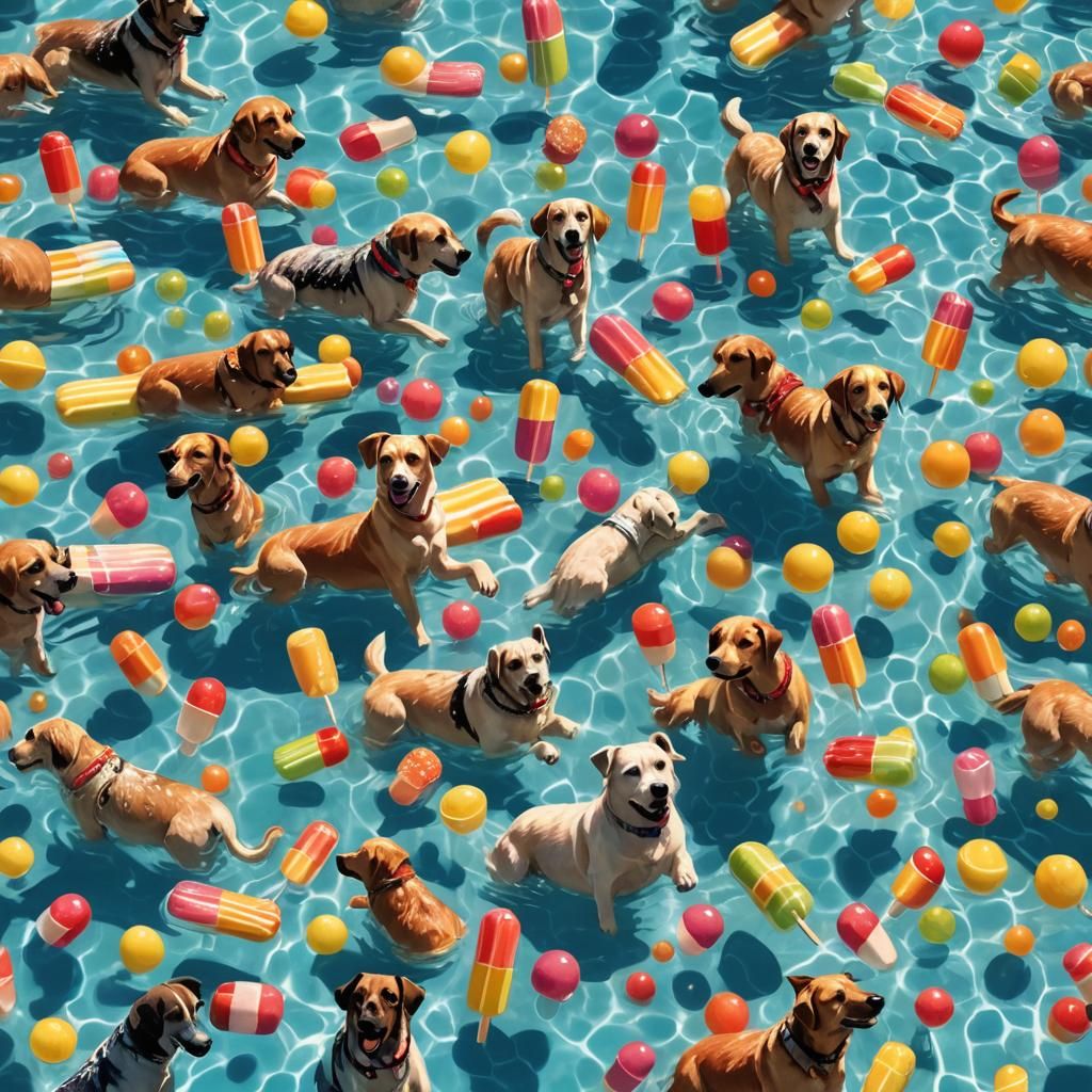 Dogs' Pool Party: Vibrant Digital Matte Painting