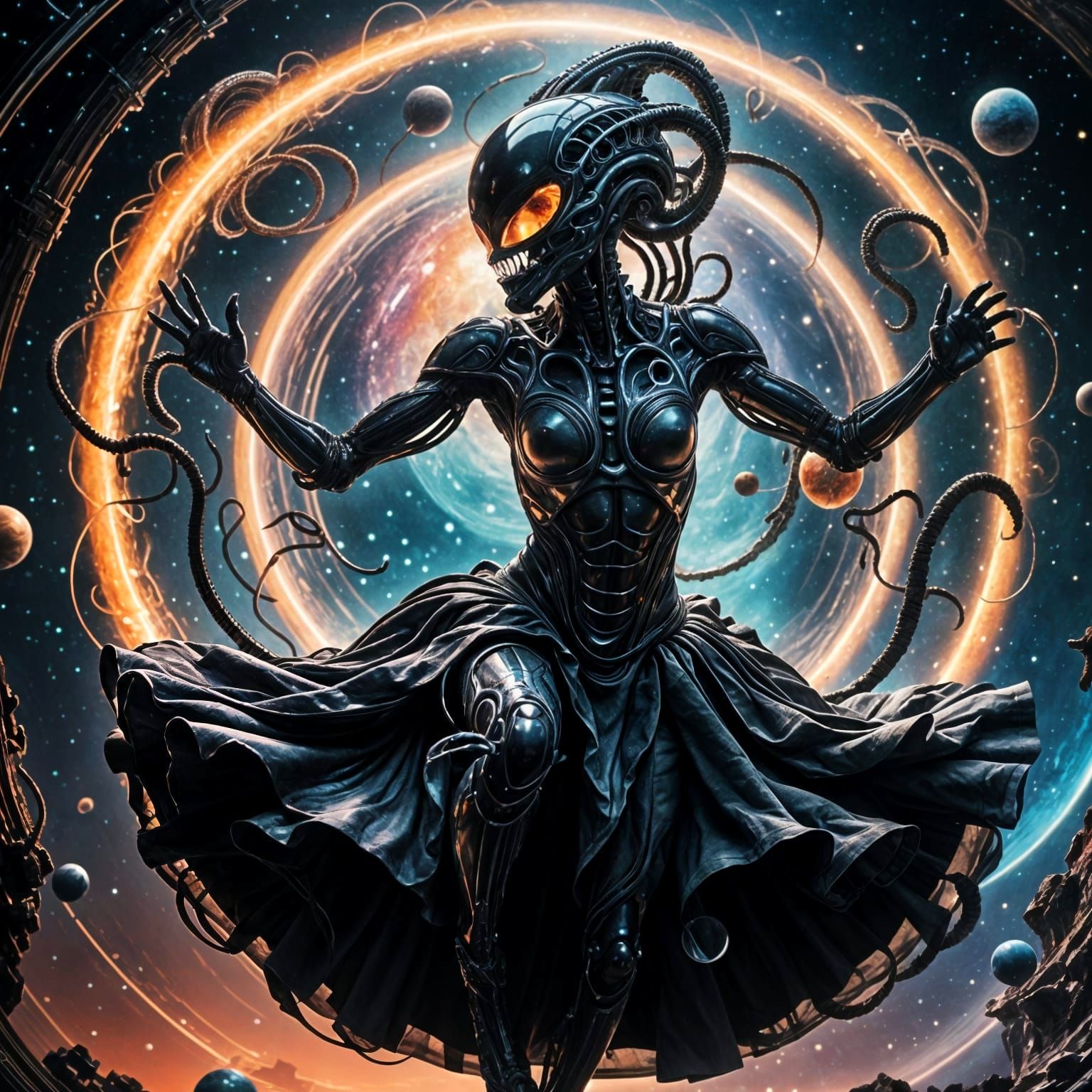 Cyberpunk Xenomorph Ballerina in a Whimsical Gas Planet Land...