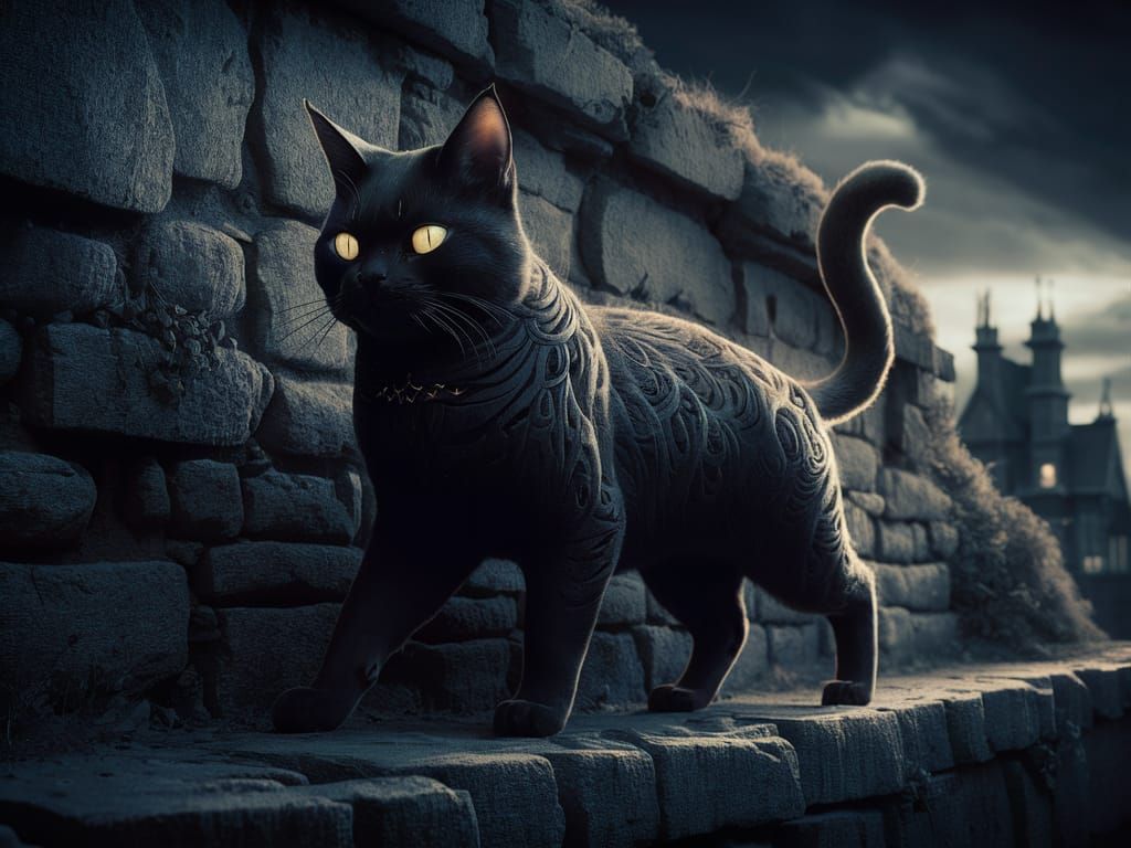 Eerie Gothic Cat Strutting in Ethereal Starlight