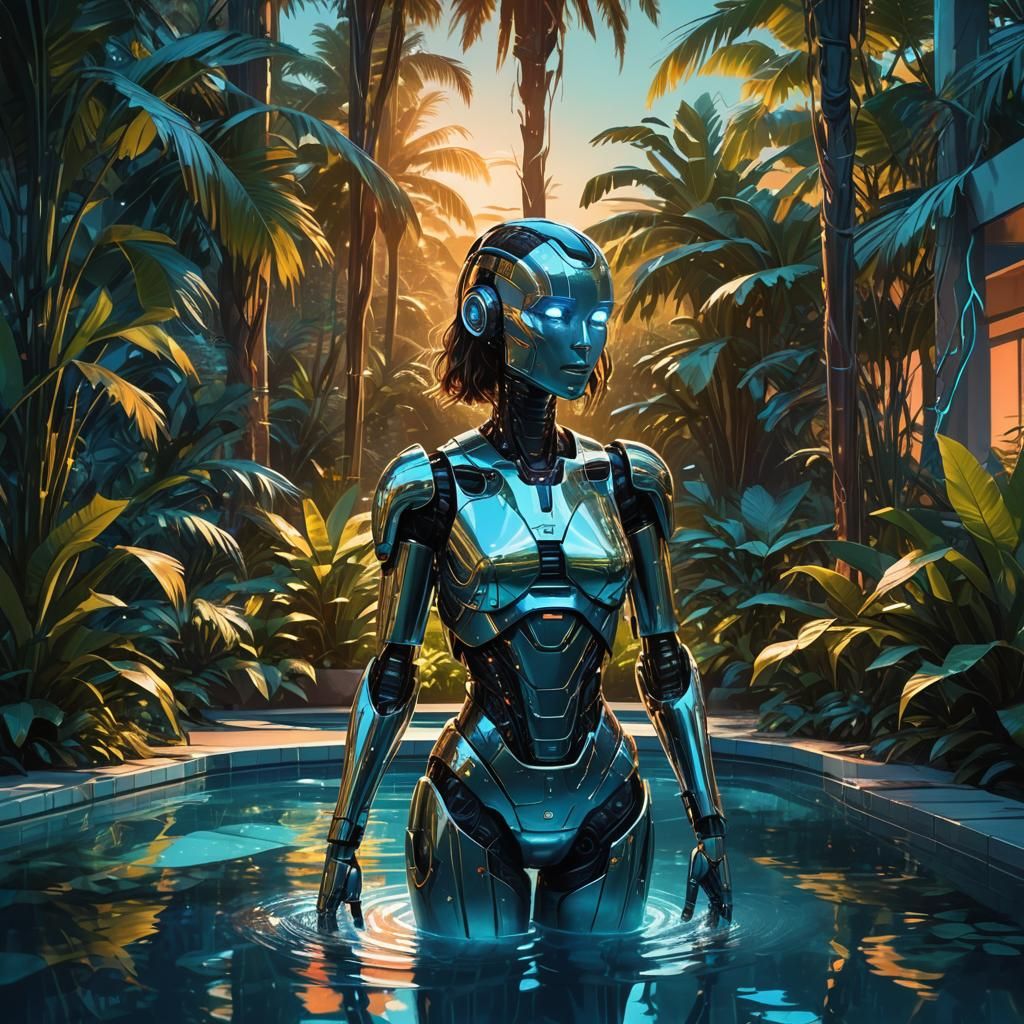 Woman Robot in Tropical Pool: Futuristic Digital Art