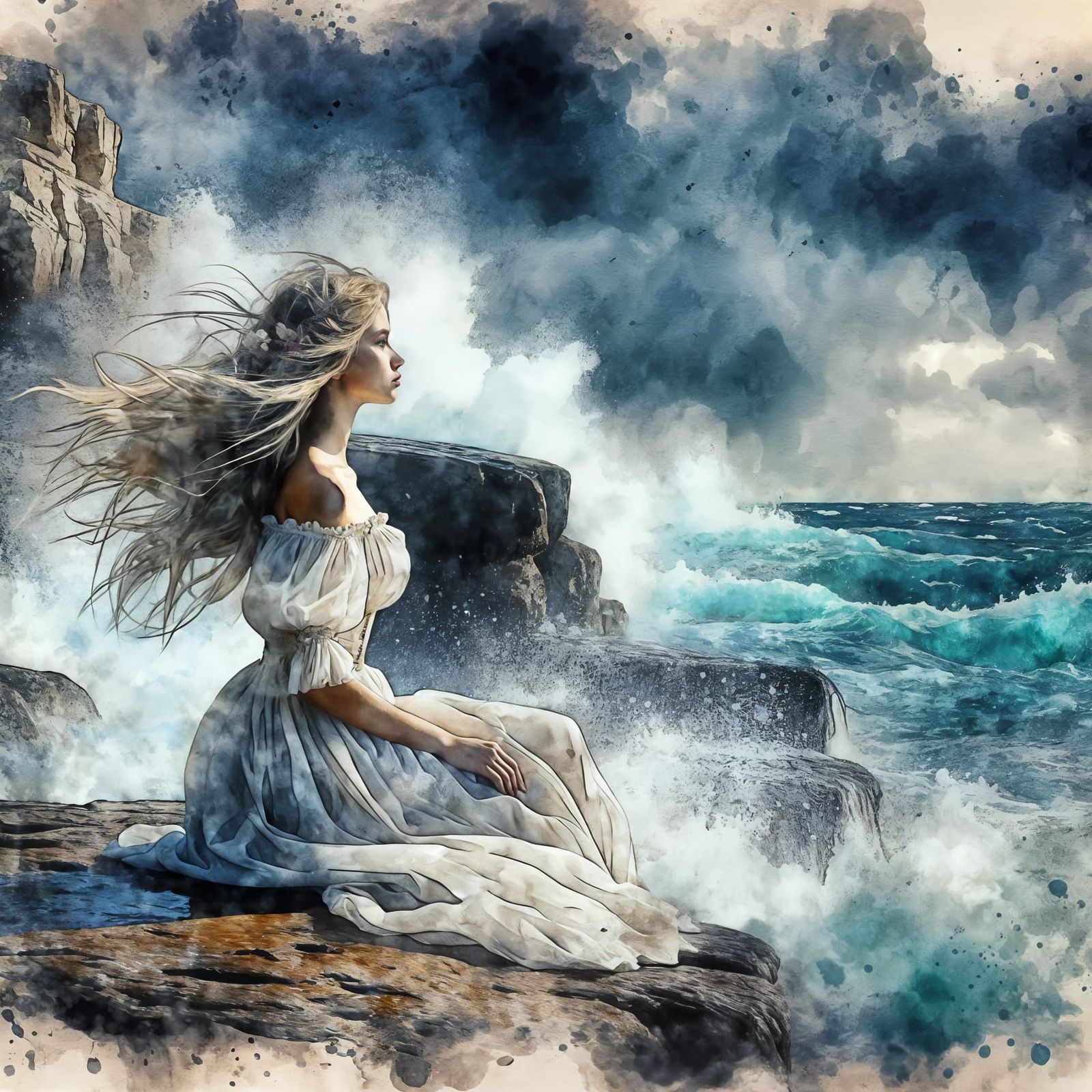 Girl by Windy Sea with Foreboding Clouds