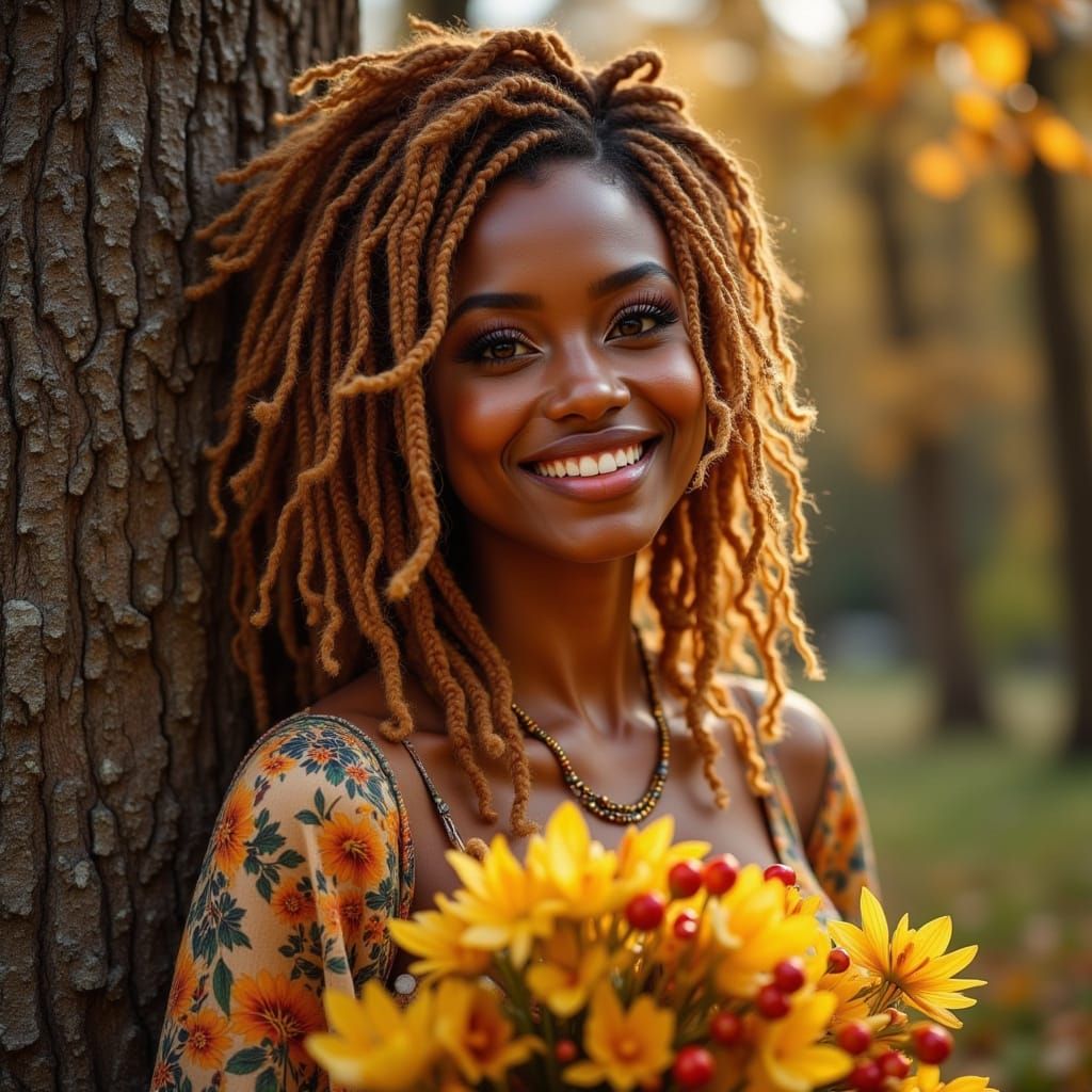 Autumnal Woman with Wildflower Bouquet