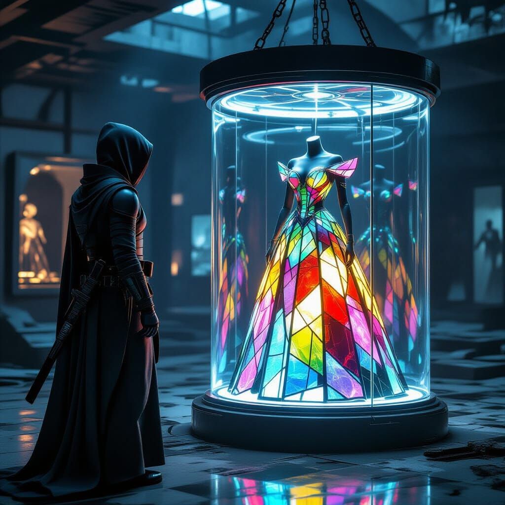 Sci-Fi Ninja Admires Stained Glass Dress in Ruined Museum