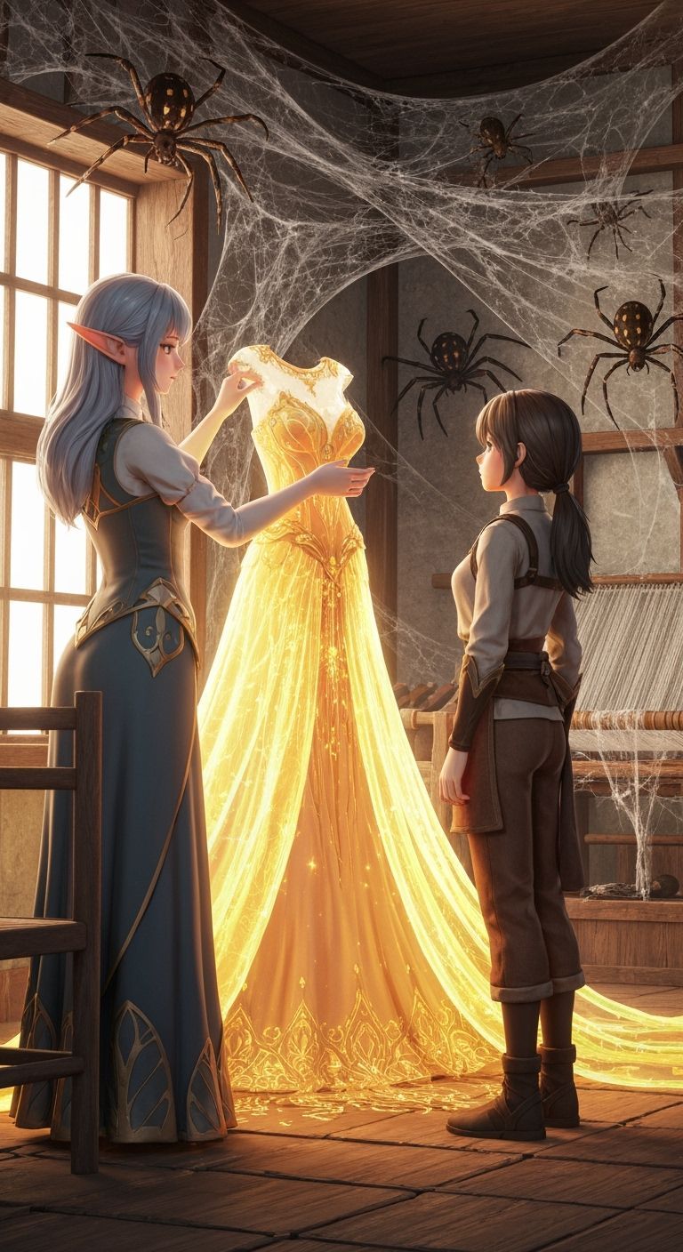 Elven Seamstress Presents Spidersilk Dress in Anime Style