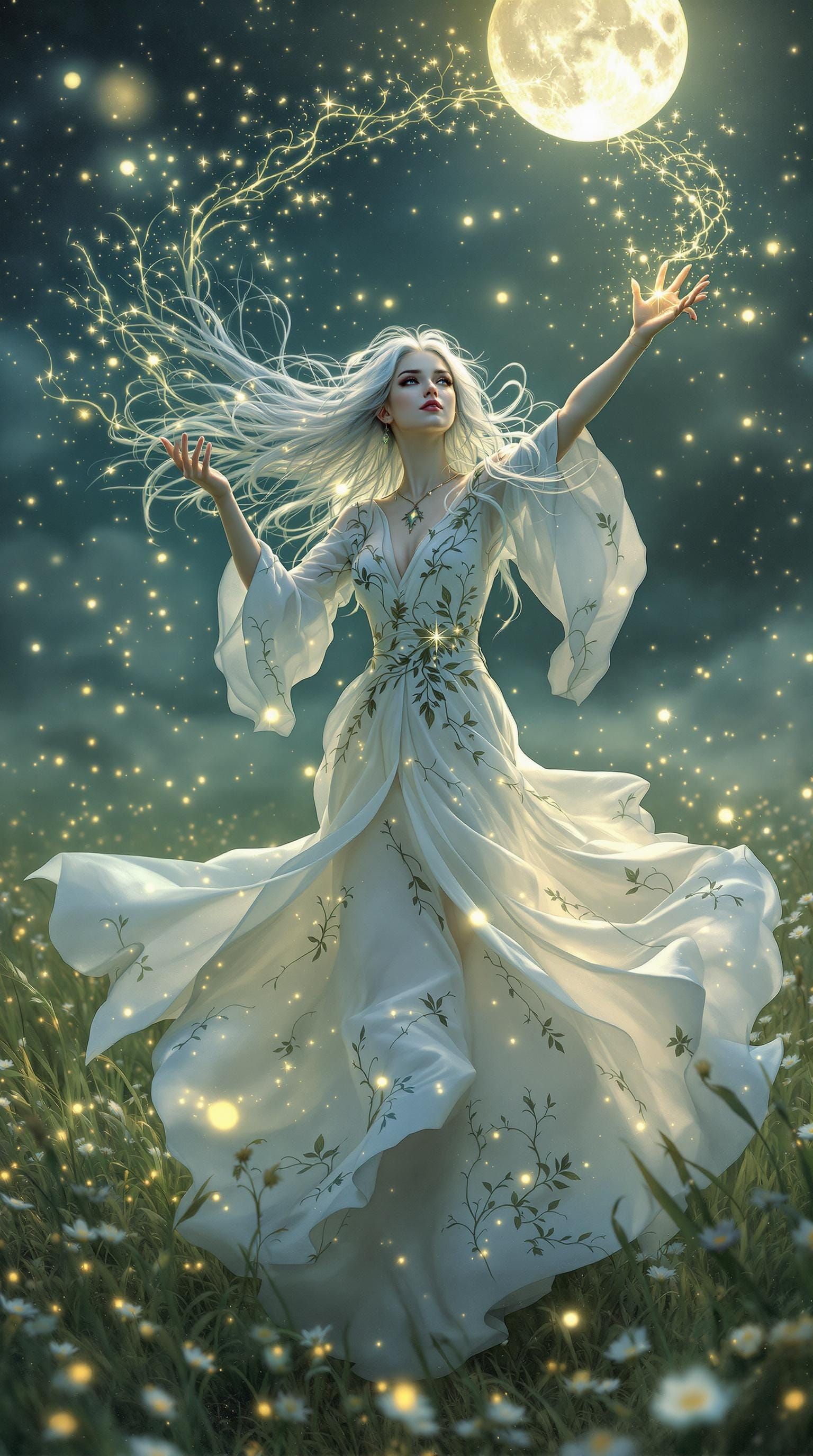 Mystical Moonlit Druid Dances with Fireflies