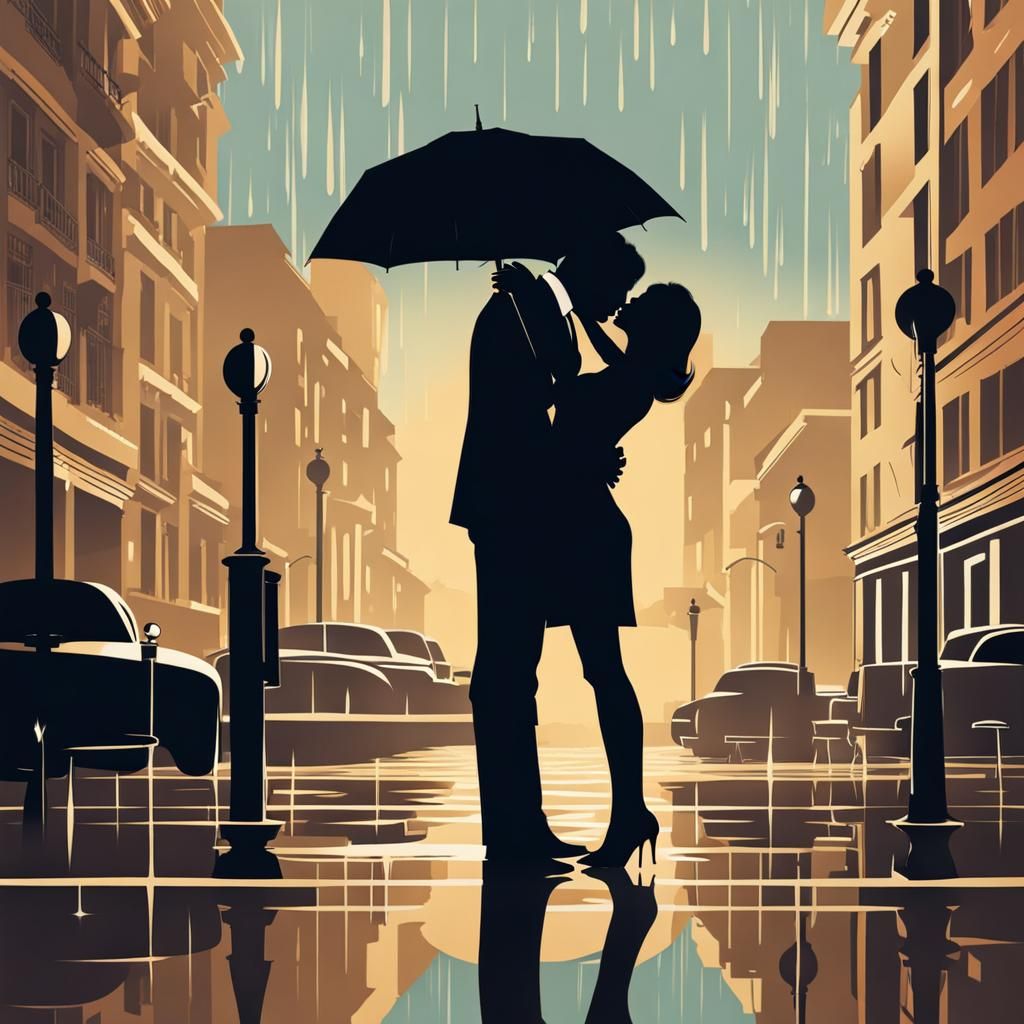 Silhouetted Couple Kissing in the Rain