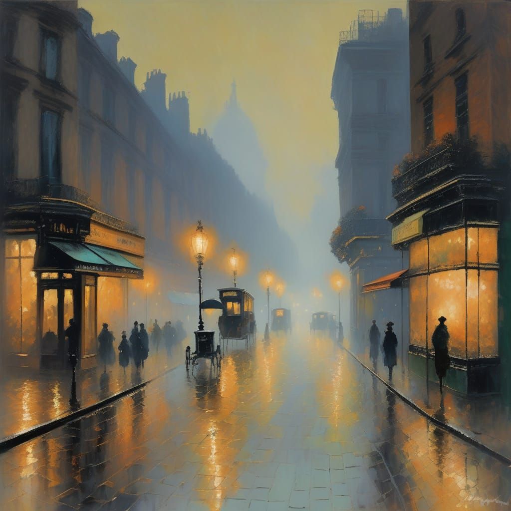 Misty Gaslit Street at Night in Impressionist Style