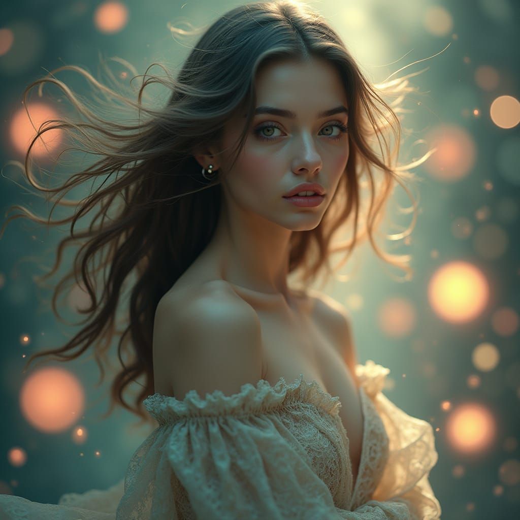 Dreamy Portrait with Glowing Orbs in Digital Art Style