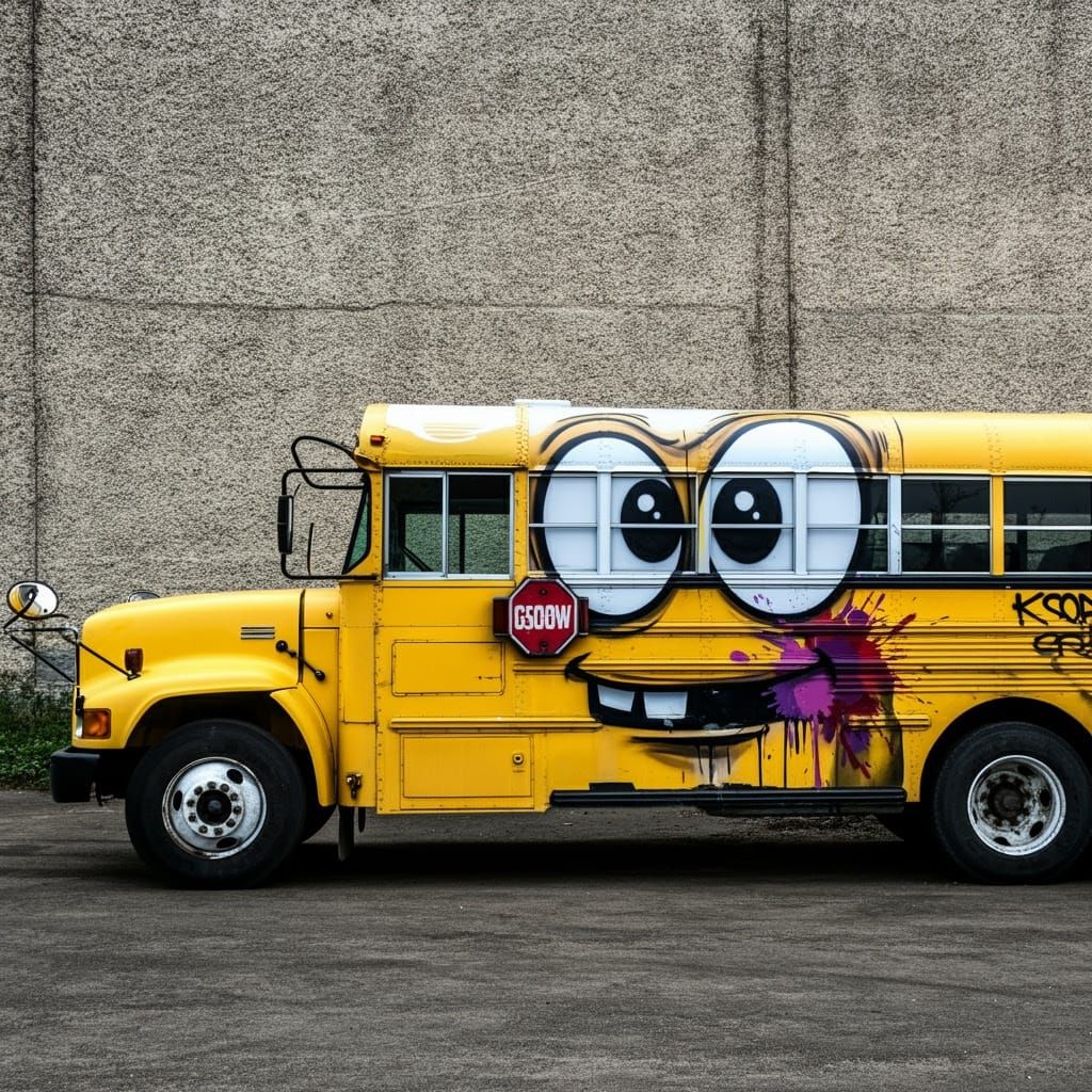 Bright Yellow School Bus with Googly Eyes Graffiti