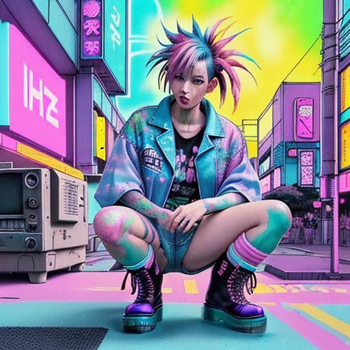 Vaporwave Watercolor of Japanese Punk with Walkman