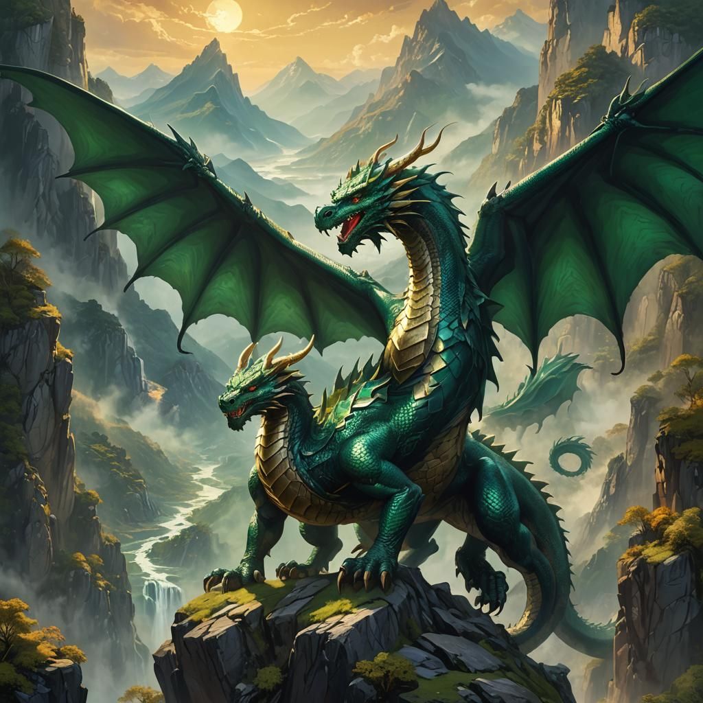 Majestic Dragon in Mountain Valley, Asian Art Style