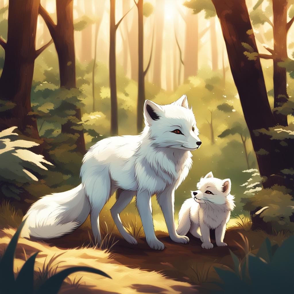 Fluffy Fox and Otter Cub Play in Forest