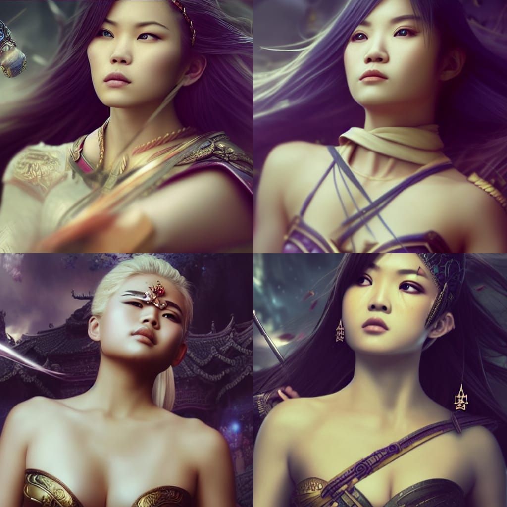 Four Blonde Asian Women Warriors: Digital Matte Painting