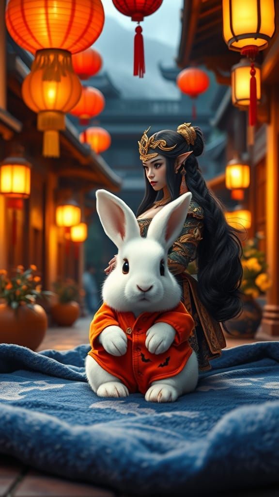 East Asian Courtyard Scene with Baby Bunny