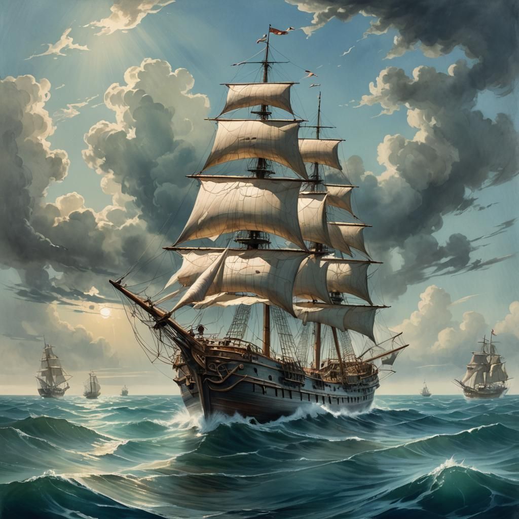 Ghost Ship on Caribbean Sea: Watercolor Art