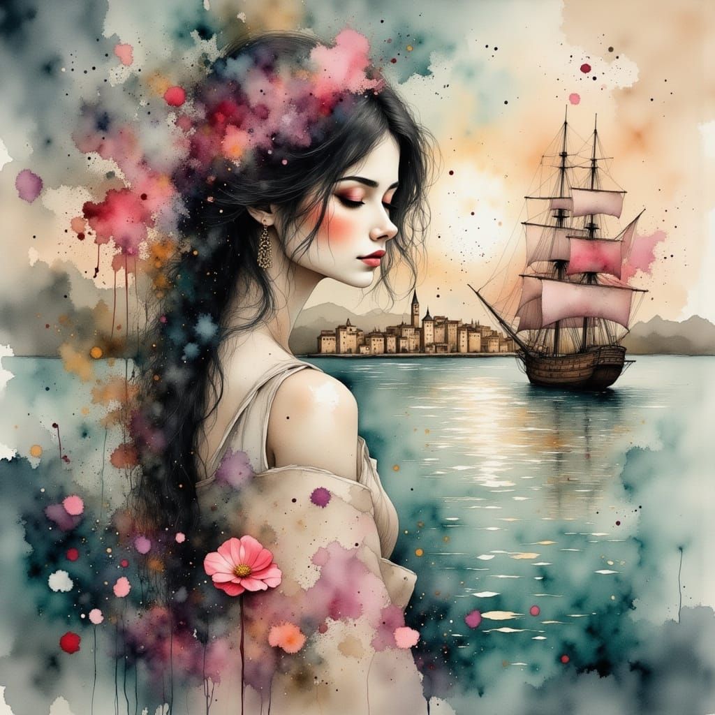 Anime Woman in Old Town Harbor, Charcoal Ink Oil Painting