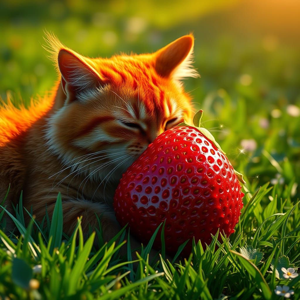 Majestic Red Cat Savoring Strawberry in Emerald Meadow