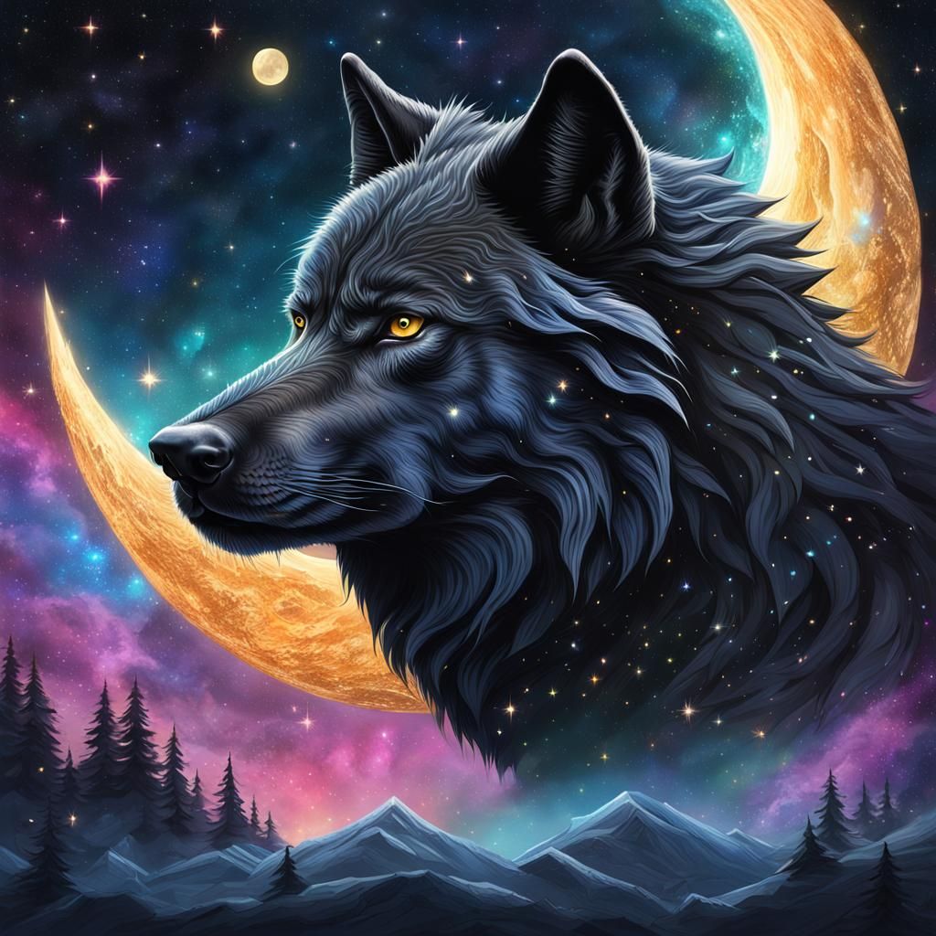 Cosmic Black Wolf Chasing the Moon in Fantasy Art