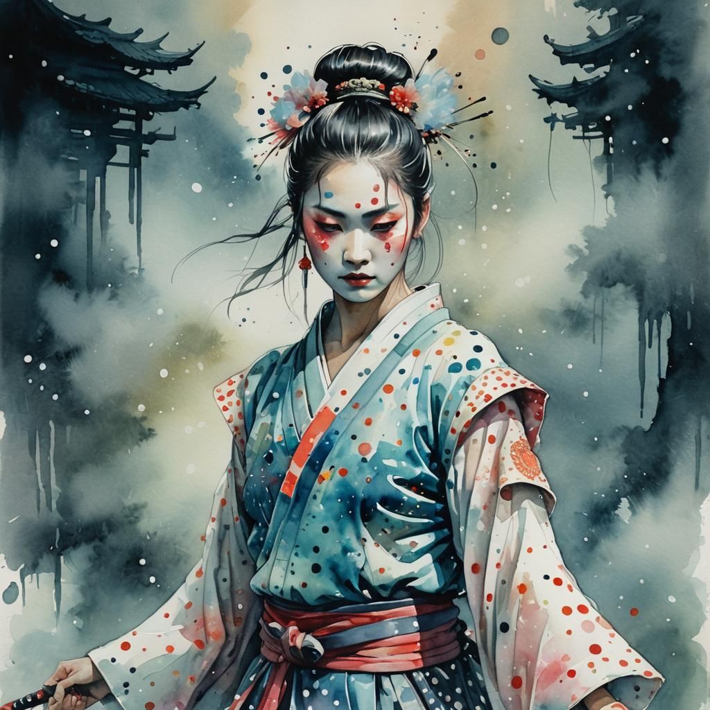 Dreamlike Samurai Ballerina in Whimsical Watercolor Art