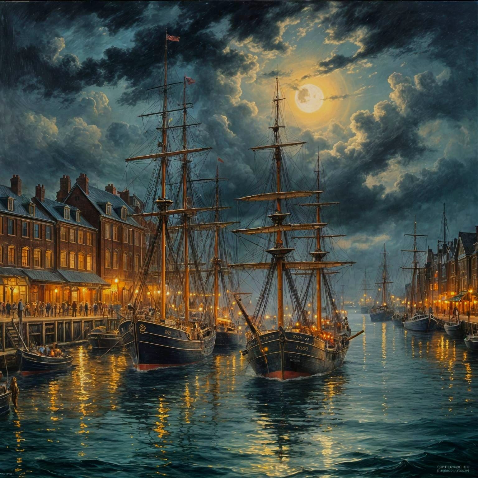 Night Port Scene in Oil Painting Style