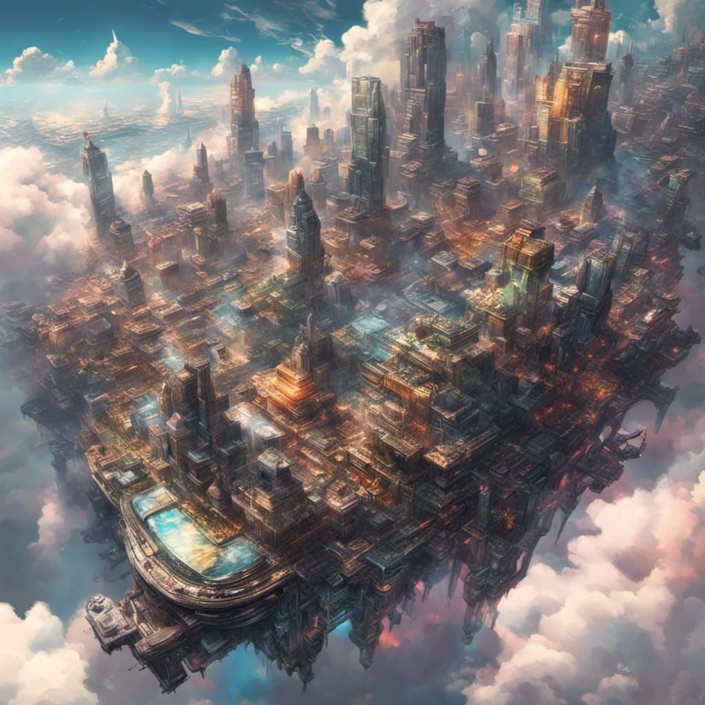 Cyberpunk City Floating on Clouds: Epic Concept Art