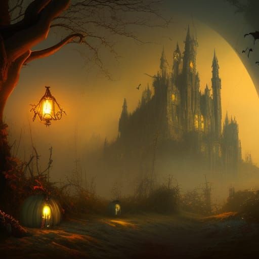 Detailed Halloween Matte Painting in Deep Color