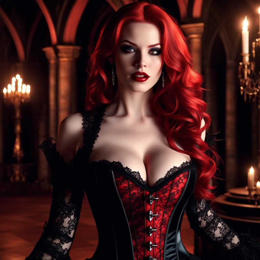 Redhead Vampire Dancing in Gothic Castle, Photorealistic