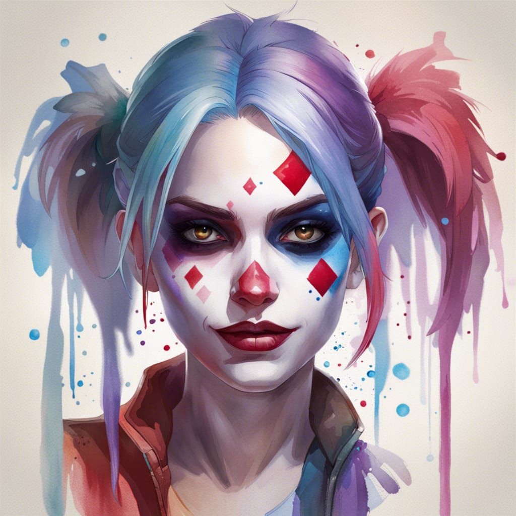 Watercolor Harley Quinn Portrait in 8k Resolution