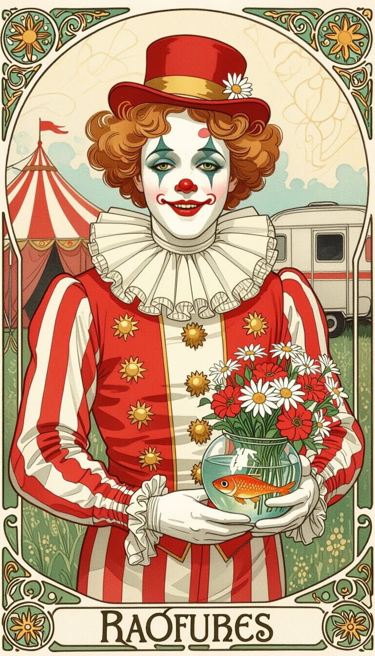 Art Nouveau Clown with Flowers in Fishbowl