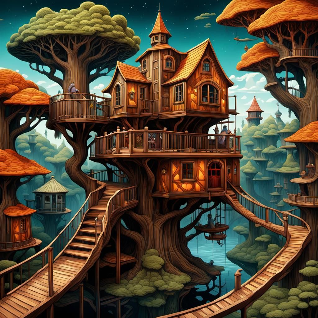 Escher's style unique piece of art, It features an unusual treehouse ...