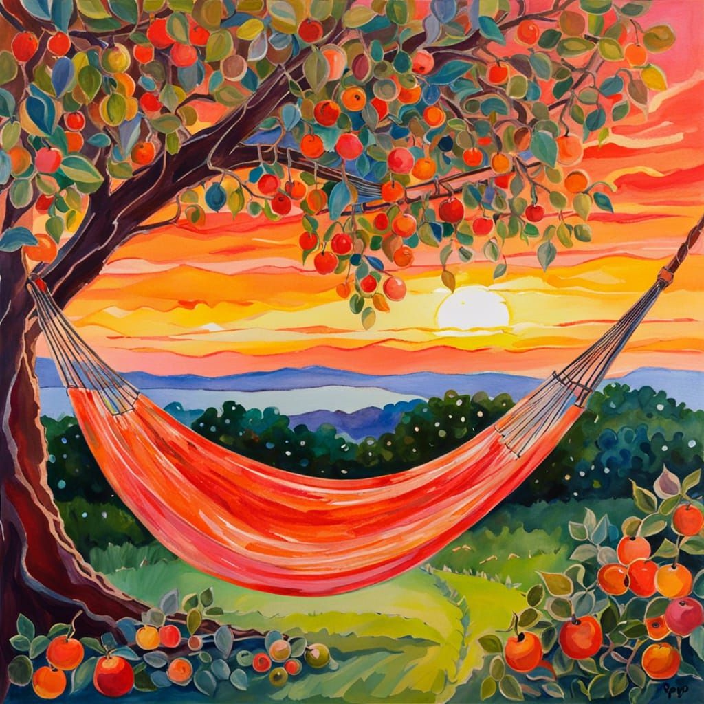 A hippie hammock hanging on the garden fruit tree in the sunset