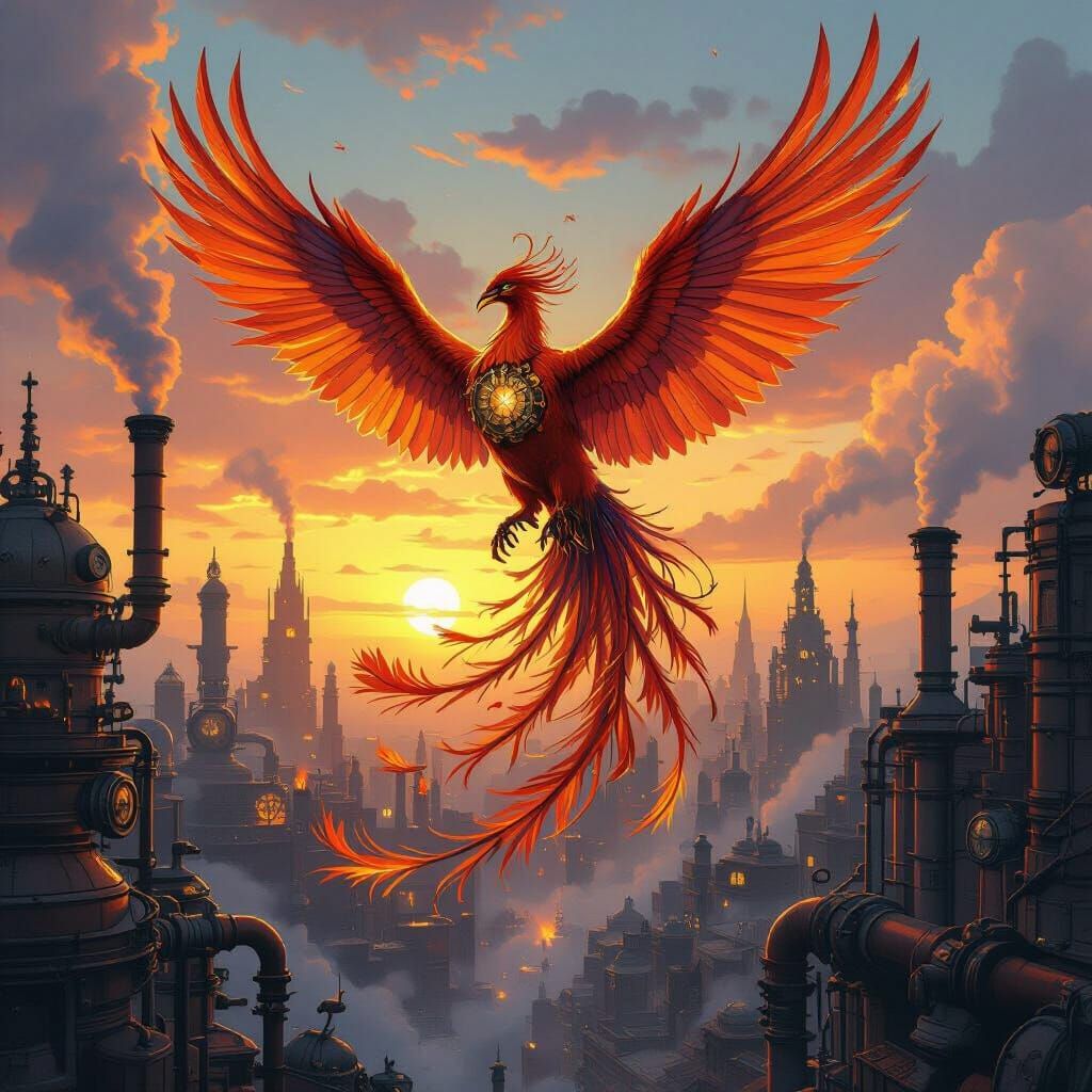 Phoenix Rising from Steampunk City Ruins