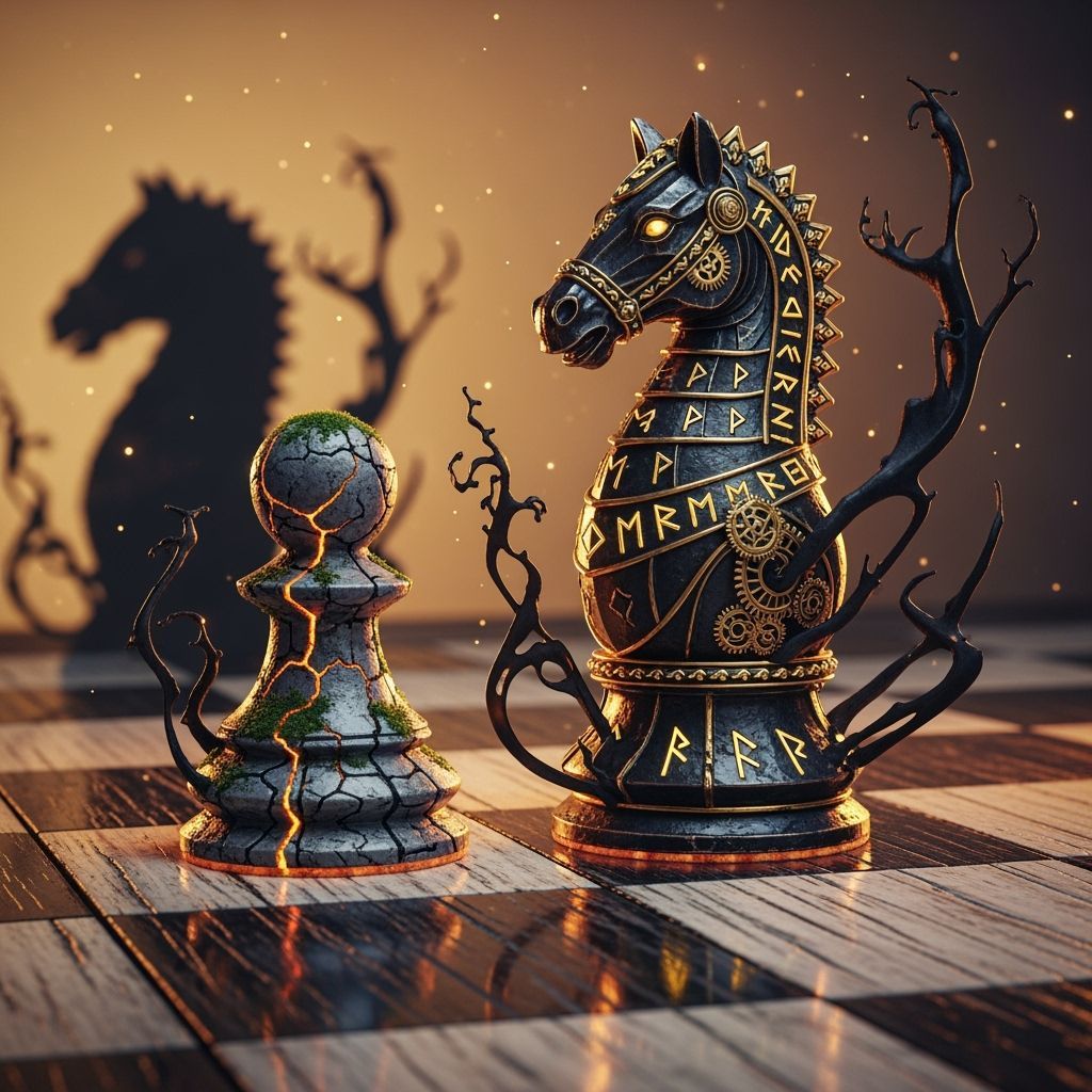 Metal Knight and Stone Pawn on Magical Chessboard