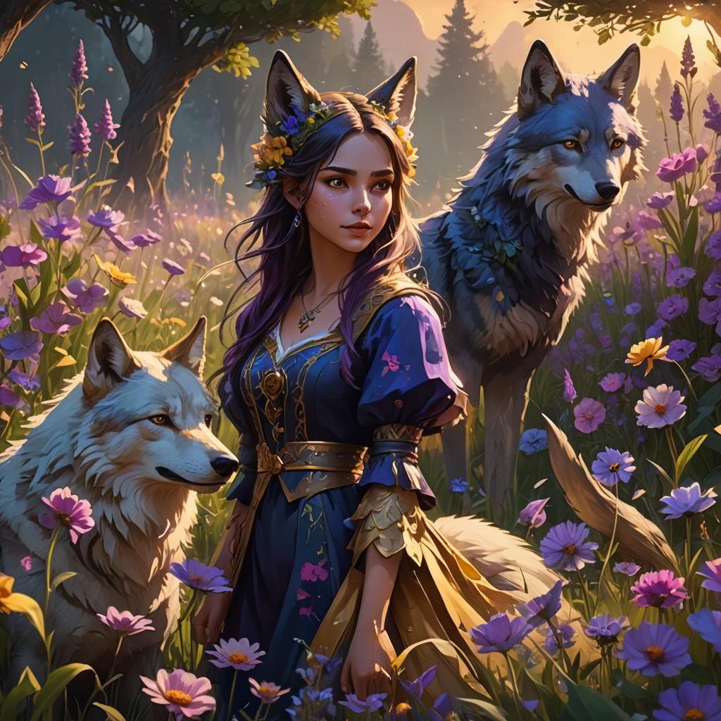 Fantasy Wolf Girl in Flower Field Digital Art