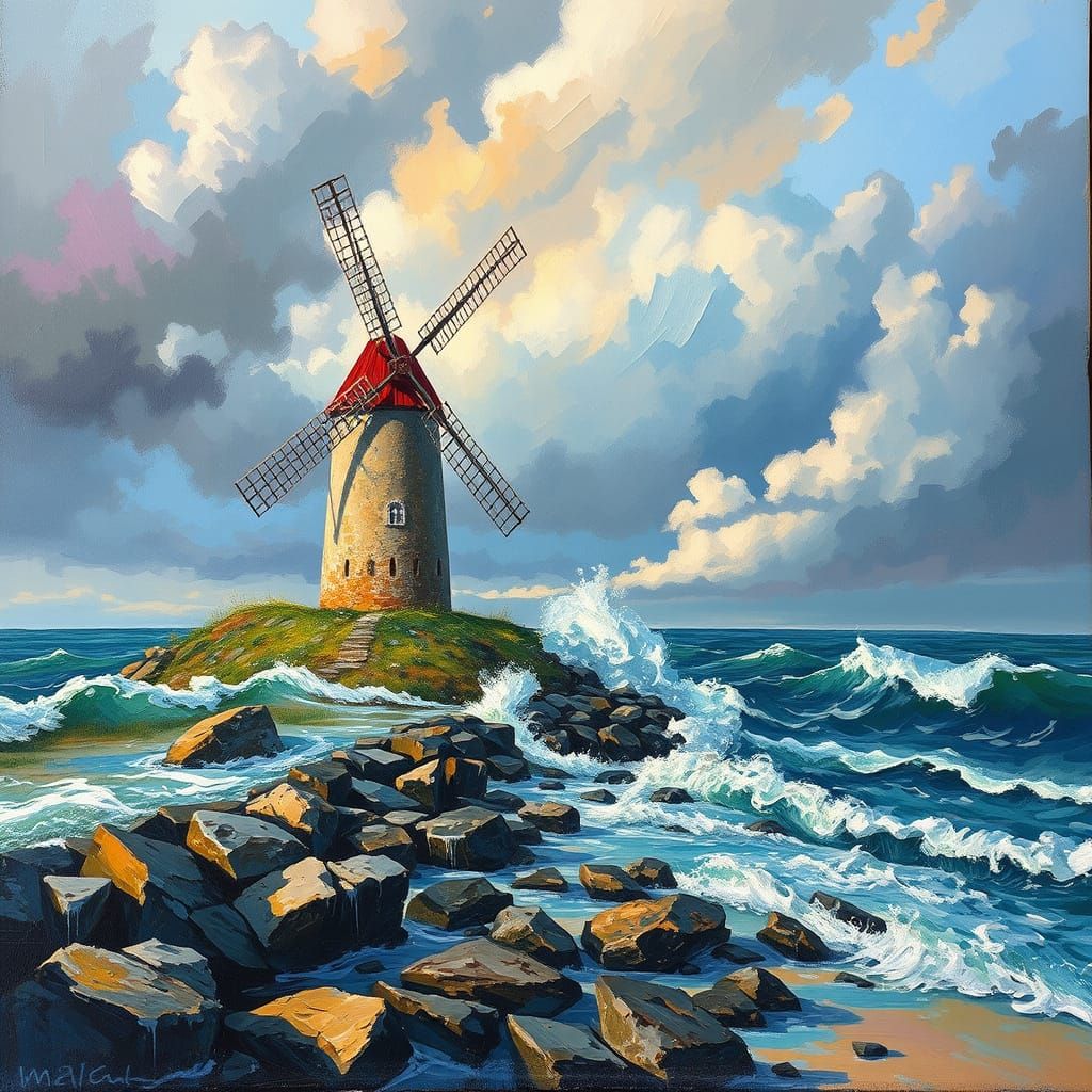 Baltic Sea Windmill in Impressionist Style