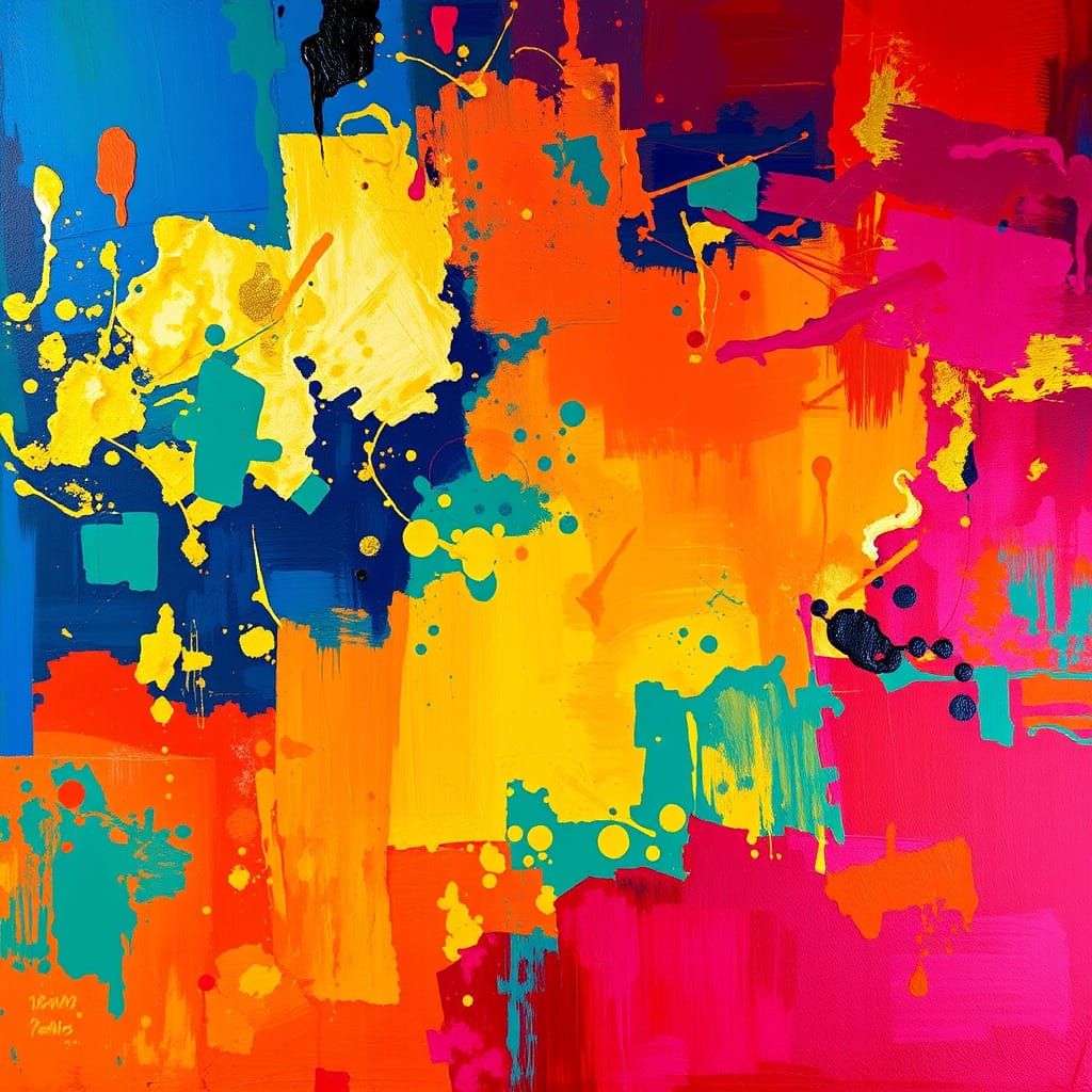 Abstract Painting with Gold, Sapphire, and Crimson Hues