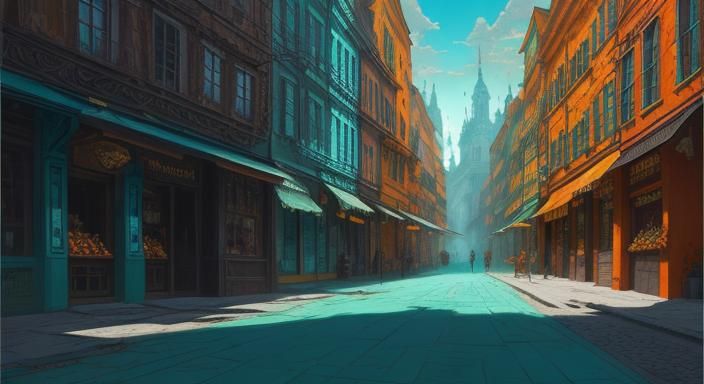 Neo-Futuristic Street Scene by Abstract Watercolor Technique