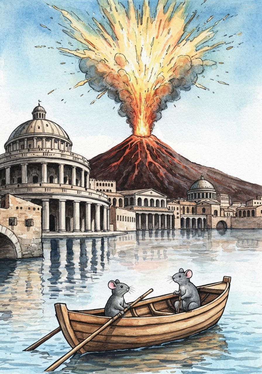 Pompeii Burns: Cats and Mice Flee Volcano in Gouache Style