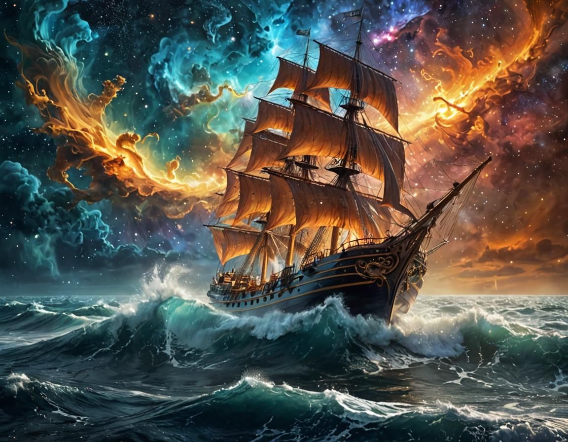 Ethereal Space Odyssey: Radiant Ship Sails Cosmic Nebulae