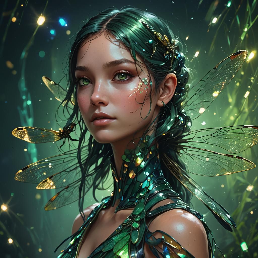 Iridescent Dragonfly Portrait in Artgerm Style