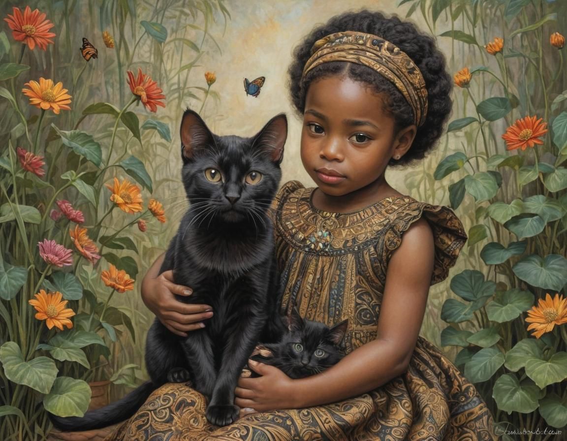 Black Cat and Toddler in Impressionist Style
