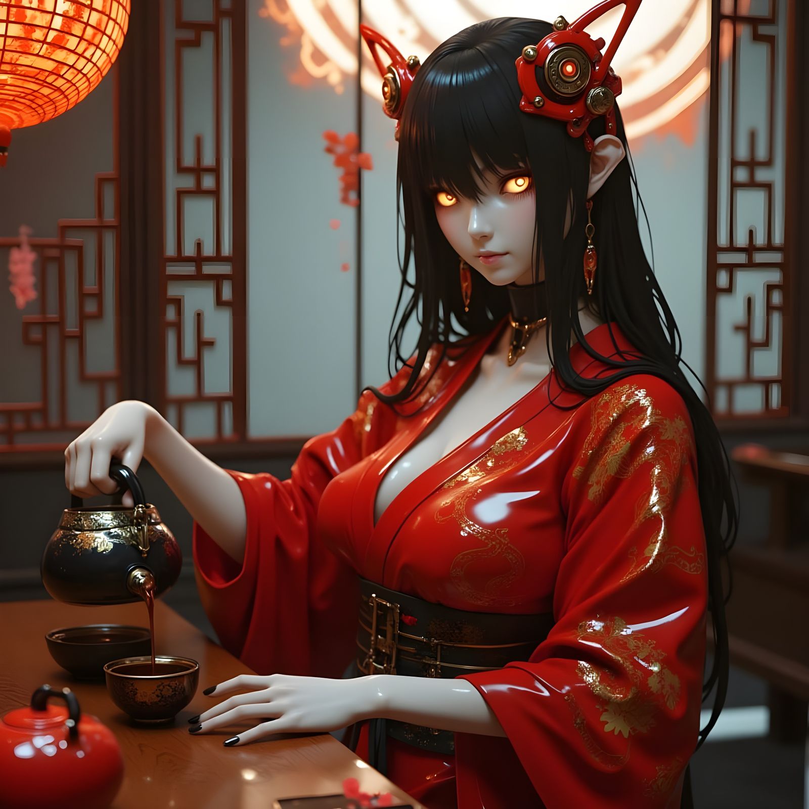 Cyberpunk Geisha Goddess in Red Kimono