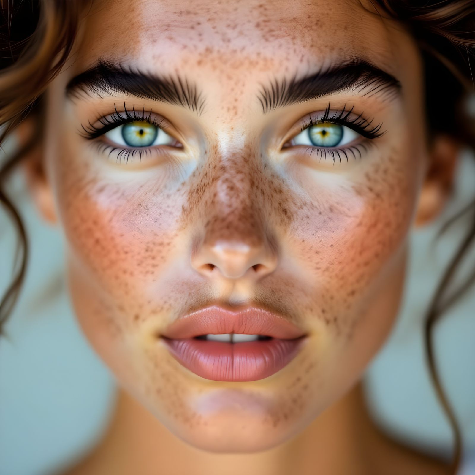 Intense Portrait of Freckled Woman with Captivating Gaze