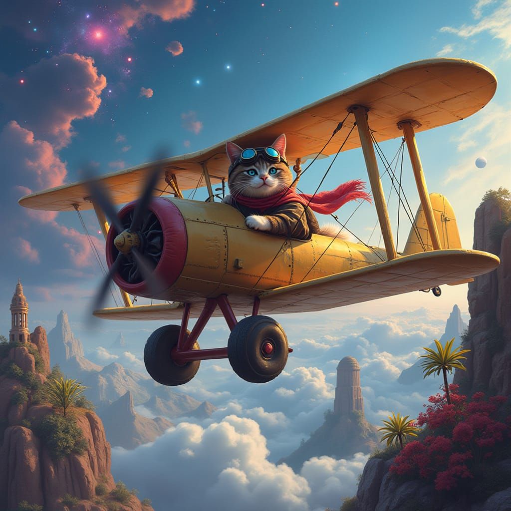 Cat Pilot Soaring Through Nebula Sky
