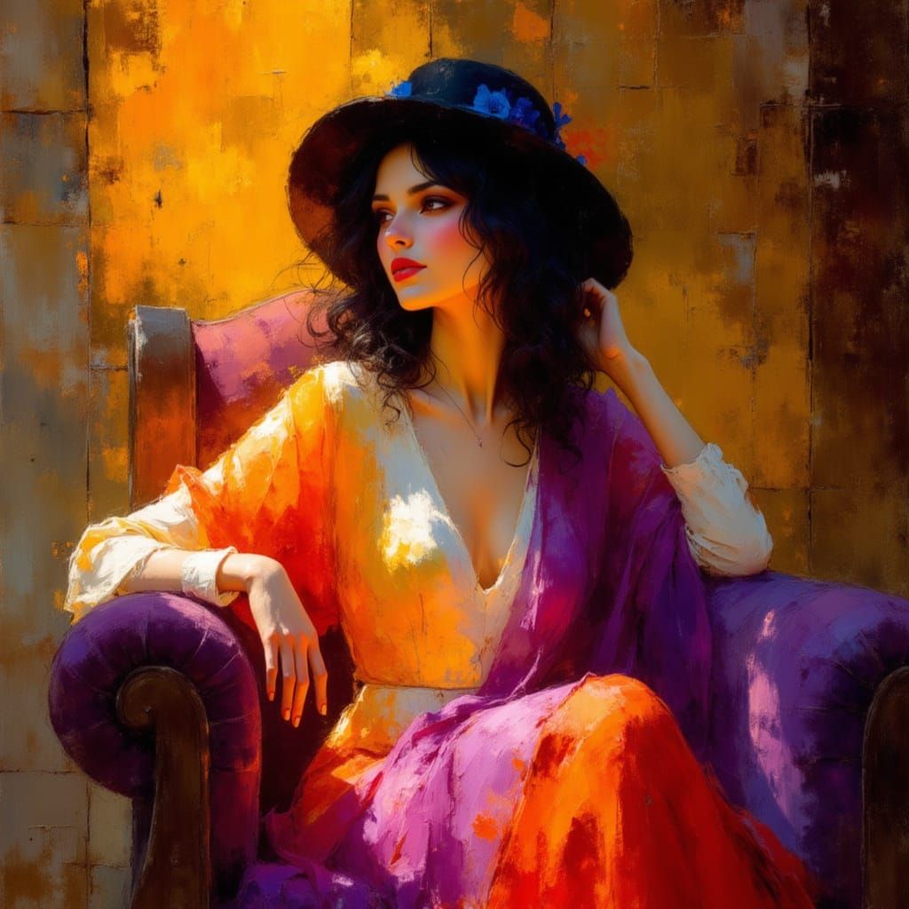 Radiant Portrait Draped in Molten Gold and Amethyst Hues