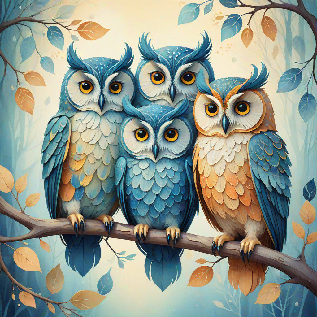 Whimsical Owls Perched on a Branch in Vibrant Watercolor Sty...