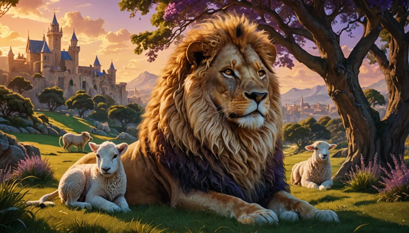 Lion and Lamb in Peaceful Fantasy Landscape