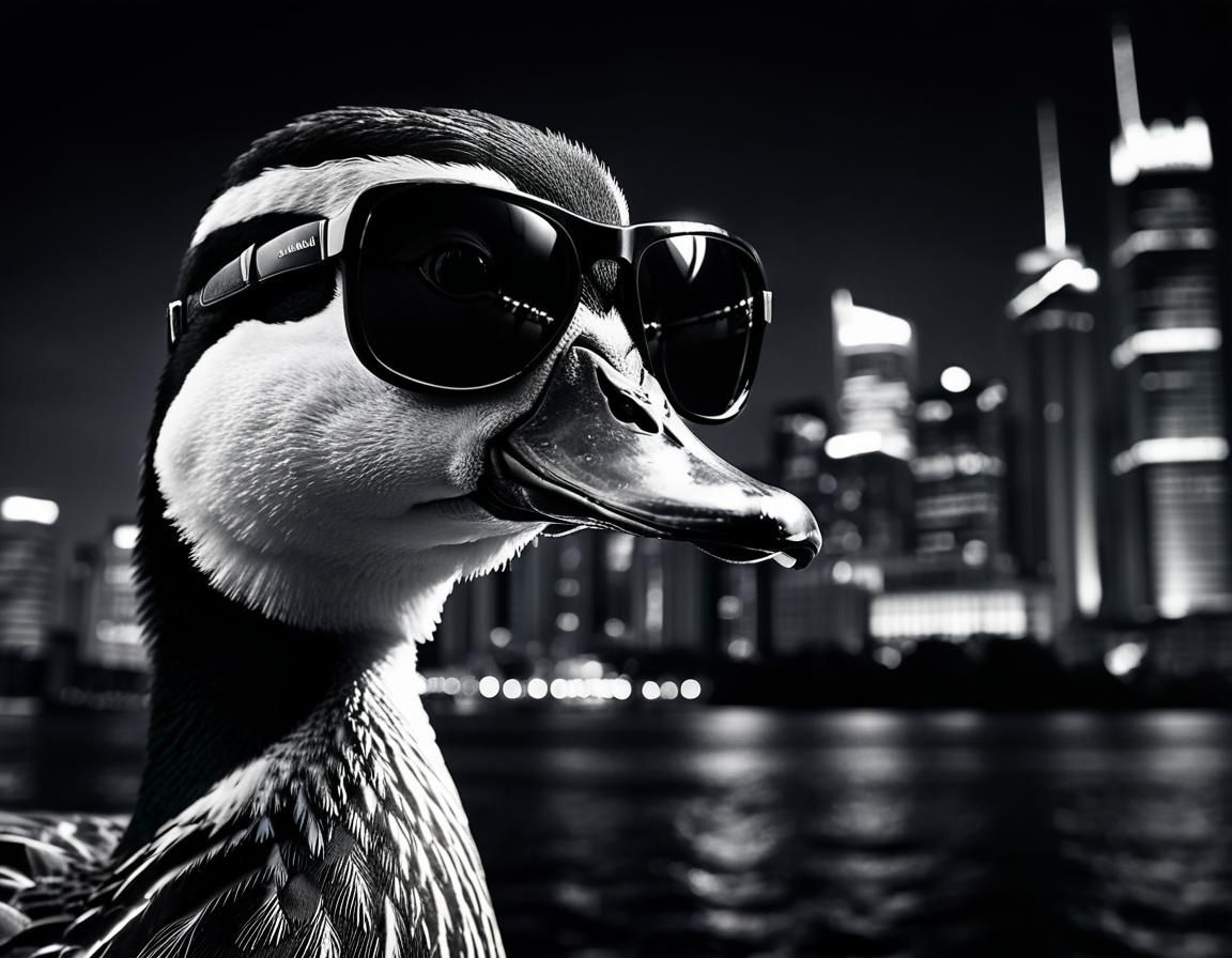 Duck Portrait with Cityscape in Moody Black & White