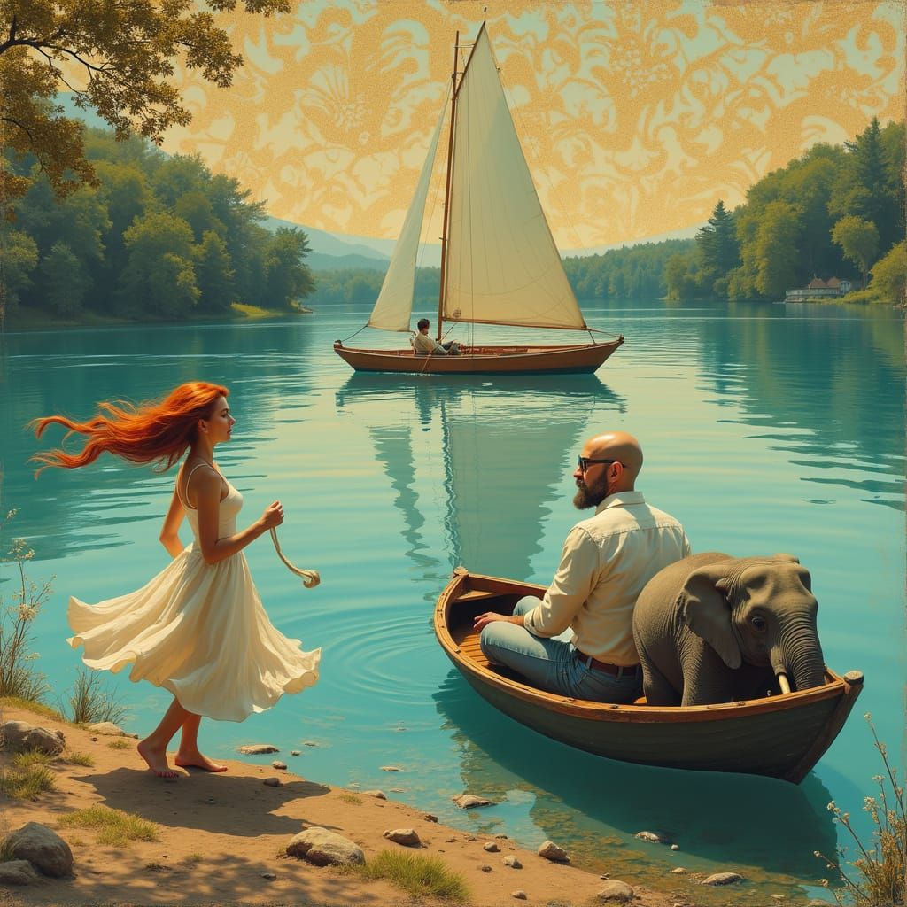 Surreal Lakeside Scene with Serene Figure and Desperate Comm...