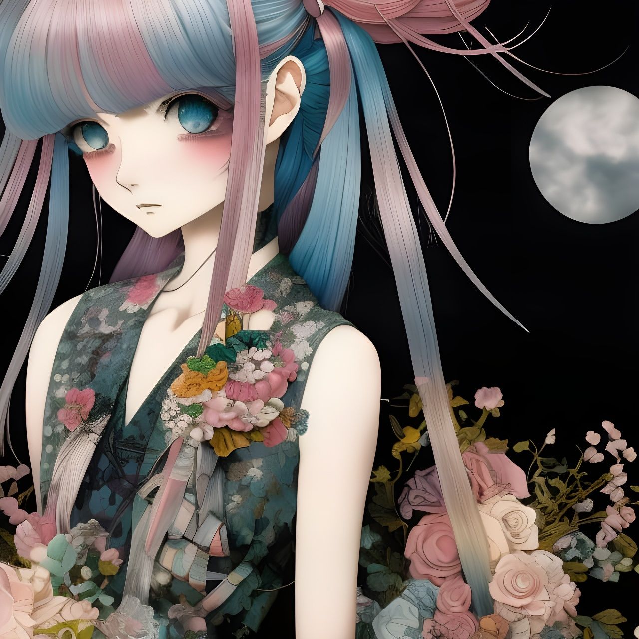 Anime Girl with Ribbon Pigtails in Mixed Media